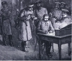 Le prince Alexandre signant son abdication en 1886, illustration tirée de l