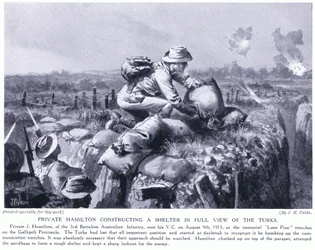 Le soldat Hamilton construisant un abri en pleine vue des Turcs dans les tranchées de Lone Pine sur la péninsule de Gallipoli, août 1915