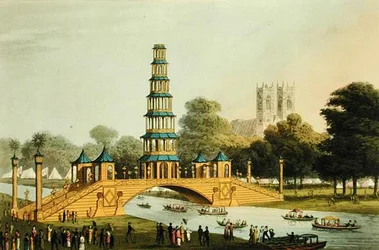 Le pont chinois et la pagode, érigés dans le parc en commémoration de la Glorieuse Paix de 1814, gravé par Matthew Dubourg