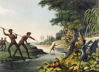 Chasse au kangourou, aborigènes en Nouvelle-Galles du Sud gravé par Matthew Dubourg (fl.1813-1820) 1813