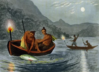 Pêche à la torche en Amérique du Nord, gravé par H. Merke, publié par Edward Orme, 1813