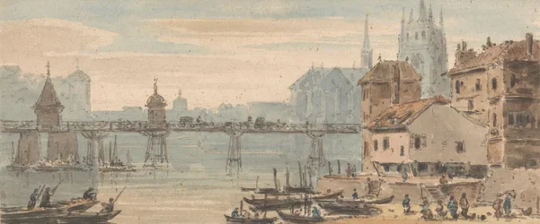 Bâle, centre du pont, quai, avec personnages et navires à droite, avec cathédrale s