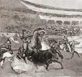Une corrida à Séville, en Espagne, tirée du magazine « The Century Illustrated Monthly Magazine », publié en 1884 (gravure sur bois).