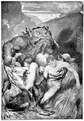 Le démon du mal, avec sa féroce voracité, les saisit avidement, 1910