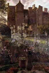 Kellie Castle, Fife, Scotland. Chateau ecossais avec nature morte de sculpture et panier de fruits au premier plan. Peinture de John Henry Lorimer (1856-1936 British) Collection privee