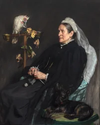Vieille dame et ses animaux de compagnie, posée par Mme William Sommerville