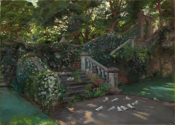 The Golden Hour : The west staircase to the upper terrace at Balcaskie, Fife (huile sur toile)