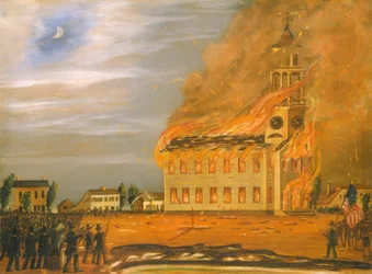 Incendie de la Old South Church, Bath, Maine, vers 1854 (huile sur toile)