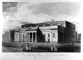 Façade Est du Nouveau Théâtre Royal, Covent Garden, gravée par Richard Reeve, 1809