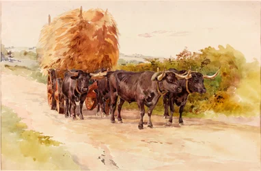 Paysage avec des bœufs tirant une charrette de foin