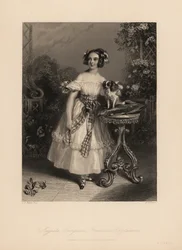 Augusta Georgina Frederica Fitzclarence, fille de Lord Frederic Fitzclarence, fils illégitime du roi Guillaume IV. Elle porte ses cheveux en boucles et rubans, et une robe décolletée nouée avec une ceinture, tenant un épagneul King Charles sur un coussin