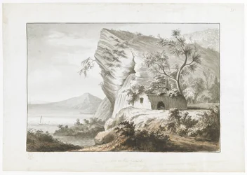 Vue côtière en Nouvelle-Zélande, avec une hutte indigène et un canoë à voile dans la baie, de 