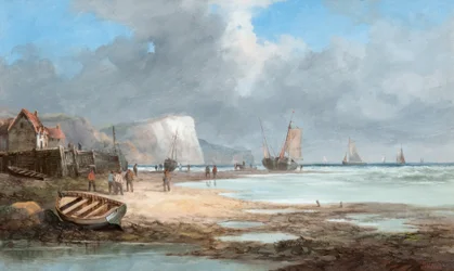 Paysage marin avec bateaux de pêche et une maison