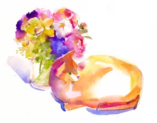 Chat orange avec des fleurs
