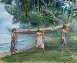Filles portant un canoë, Vaiala à Samoa, 1891