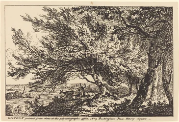 Paysage avec des cerfs sous les arbres