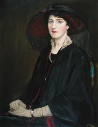Portrait de Lady Raeburn, assise à mi-corps, en veste à col de dentelle, collier de perles et chapeau noir