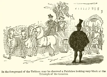 Au premier plan du tableau, on peut observer un patricien regardant très noir le triomphe du général