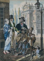 Gens du monde interrogeant des ramoneurs et leur maître devant Christ Church..., 1811-vers 1813