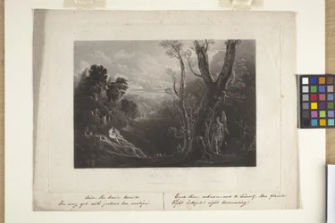 Satan contemplant Adam et Eve au Paradis (mezzotint)