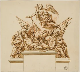 Guerrier accompagné de Britannia, Minerva et Fame (recto) ; projet de monument à Nicholas Rowe (verso)