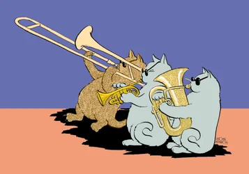 Caricature de trois chats portant des lunettes de soleil et jouant du trombone, de la trompette et du tuba