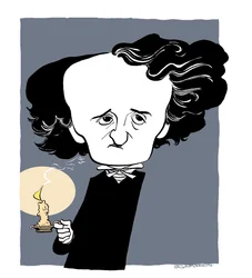 Edgar Allan Poe - caricature, tenant un bâton de bougie