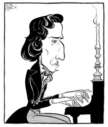 Frédéric Chopin - caricature du compositeur et pianiste polonais jouant du piano