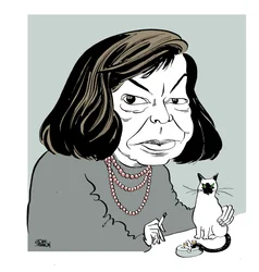 Patricia Highsmith - caricature avec son chat, fumant