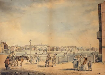 Brighton, montrant la Bibliothèque Circulante de Miss Widgett, Marlborough House, le Castle Inn et les Salles d
