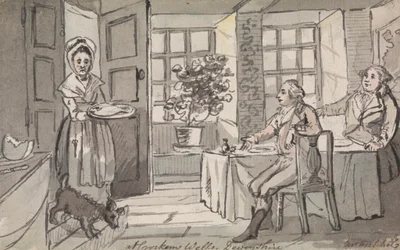 Figures assises à une table servant de la nourriture, Crockem Wells, Devonshire