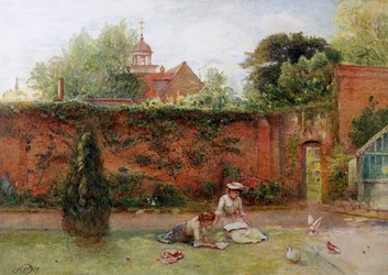 A Walled Garden. Deux jeunes adolescents lisent dans un jardin mure. Des oiseaux s