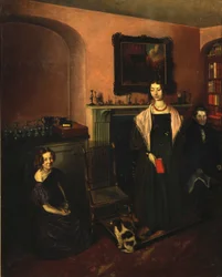 Au coin du feu dans la maison familiale avec trois membres de la famille, 1830-35