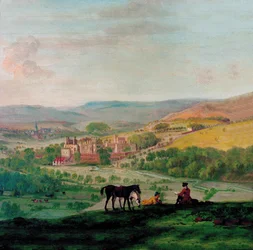 Vue du XVIIIe siècle de Haddon Hall avec le village de Bakewell en arrière-plan