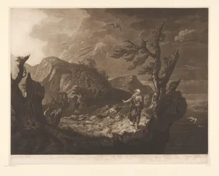 Paysage orageux avec barde au bord d