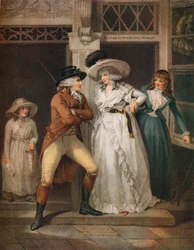La porte de la taverne, Laetitia, abandonnée par son séducteur, est jetée à la rue, 1789