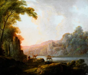 Paysage au bord du lac avec du bétail