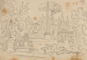 Obélisque et statues dans un jardin