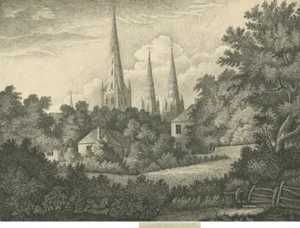 Cathédrale de Lichfield - Vue nord-est : dessin à la plume et à l