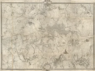 Carte du XVIIIe siècle de Londres. Enquête exacte sur les villes de Londres, Westminster, le quartier de Southwark et le pays à dix miles autour commencée en 1741 et terminée en 1745 / par John Rocque arpenteur et (gravée) par Richard Parr