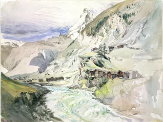 Une vallée alpine : Le Cervin au loin