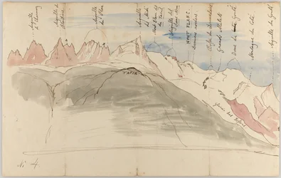 La chaîne du Mont-Blanc près de Chamonix (recto); Esquisses de la chaîne du Mont-Blanc depuis la Tapia au-dessus de Chamonix, vue de Genève et vue de la Dôle (verso)