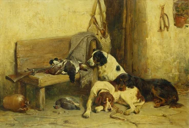 Chiens de chasse avec le gibier du jour