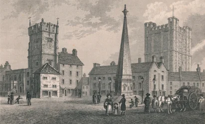 Place du marché de Richmond, église de la Trinité et donjon du château de Richmond, 1831