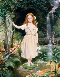 "Petite fille pres de la cascade" Peinture de John Simmons II (1823-1876) (preraphaelite)