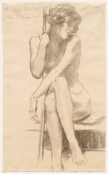 Nu féminin assis sur un banc bas