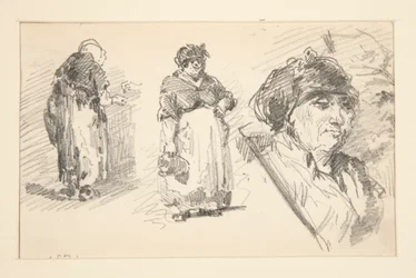 Deux figures debout et une tête