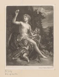 Vénus avec une pomme et deux cupidons avec un violon et des colombes