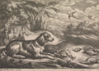 Chien de chasse et faisans