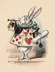 Un lapin en fonctionnaire de cour soufflant dans une trompette pour une annonce, 1889